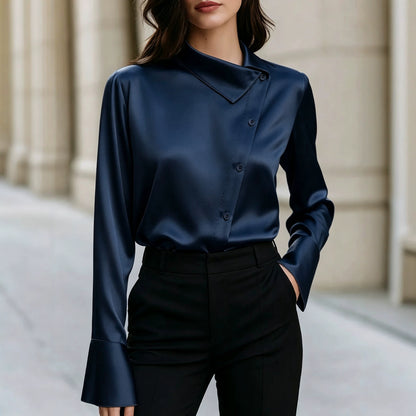 Women's Satin Asymmetric Button Down Blouse Long Sleeve