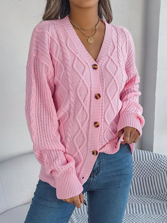 Fall Winter Cable Knit V Neck Lantern Sleeve Cardigan