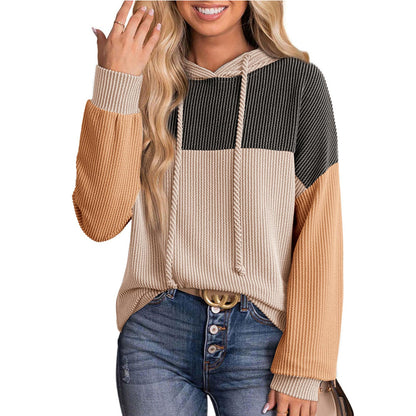 Color Block Ribbed Knit Hoodie Long Sleeve Sweatshirt