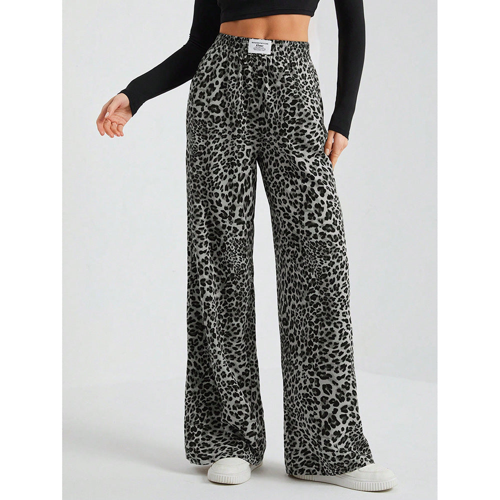 Leopard Print Wide Leg Pants High Waist Pocket Casual