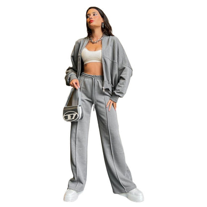 Women's Oversized Zip Up Hoodie Wide Leg Pants Set