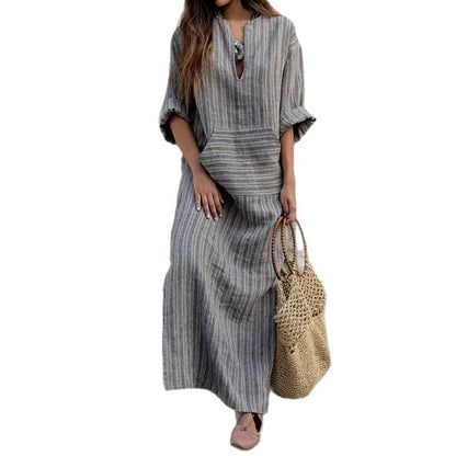 Striped Cotton Linen Maxi Dress V-Neck Pockets