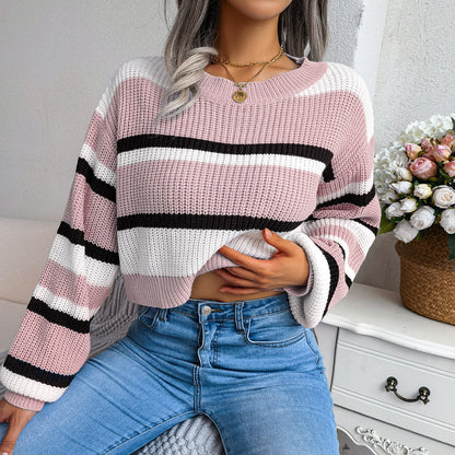Striped Knit Crop Sweater Long Sleeve Casual Top