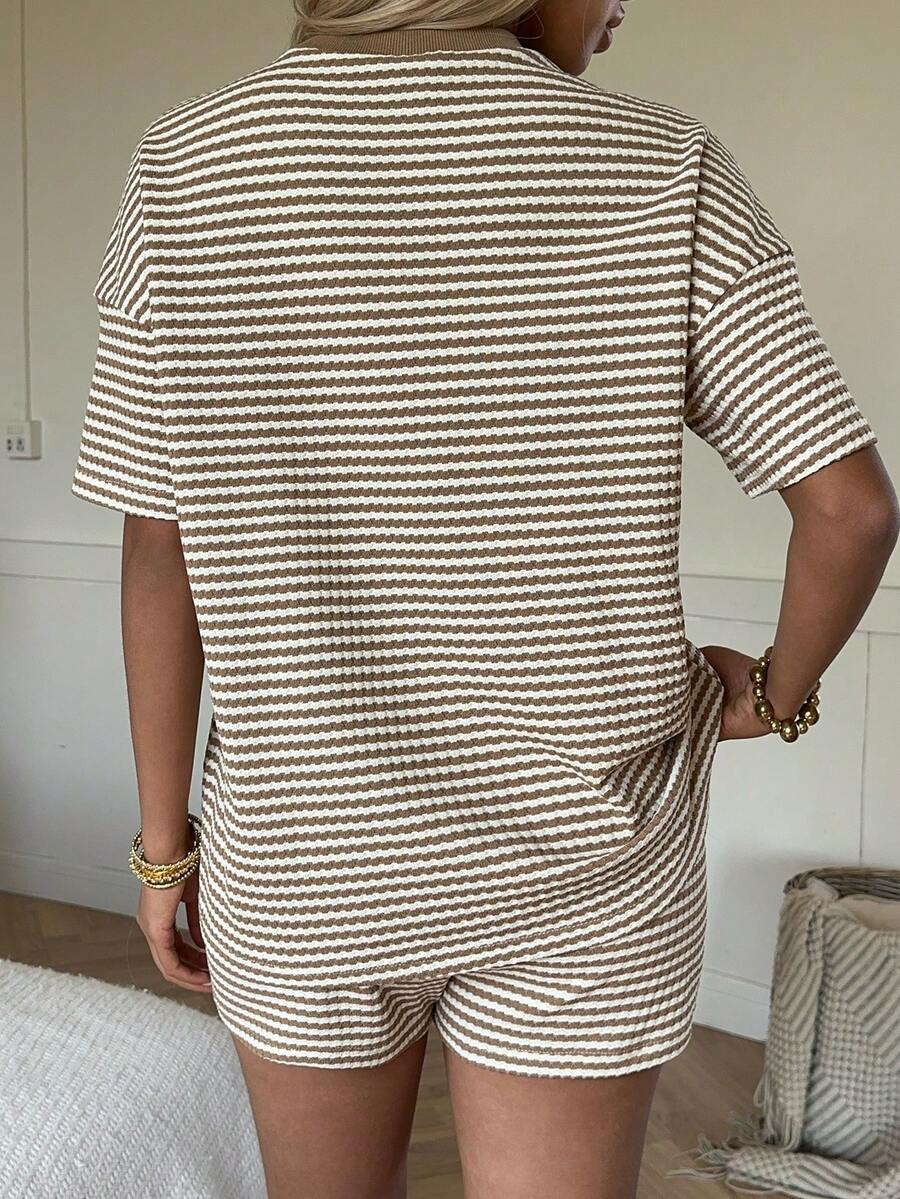 Pink Striped Waffle Knit Lounge Set Shorts Set Women
