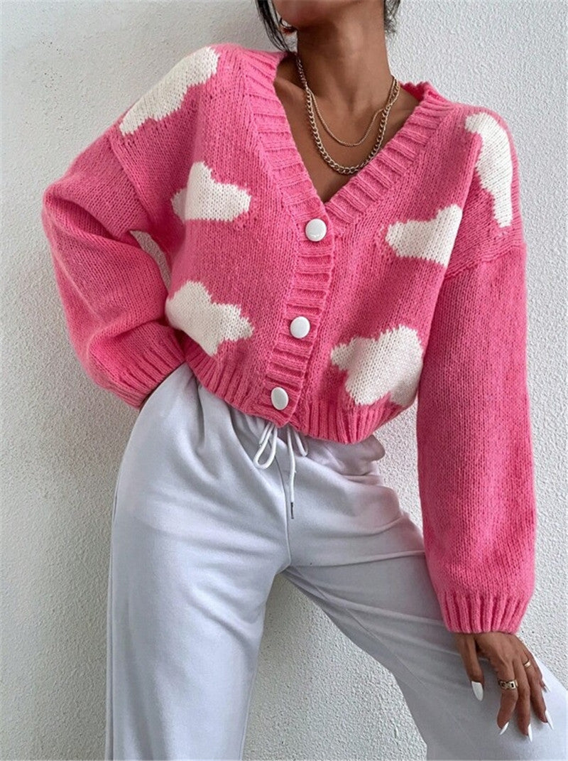 Women's Chunky V Neck Color Block Cropped Cardigan
