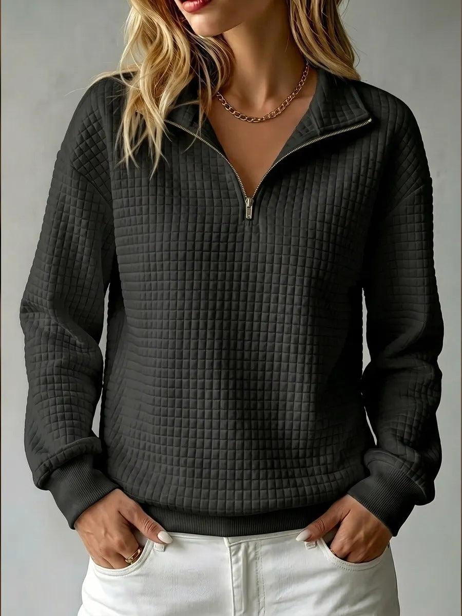 Women's Waffle Knit Quarter Zip Collar Sweatshirt