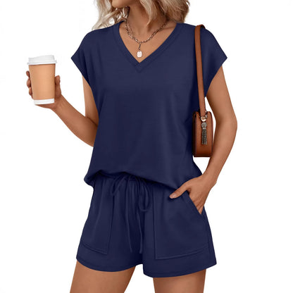 V Neck Casual Lounge Set Short Sleeve Top and Shorts