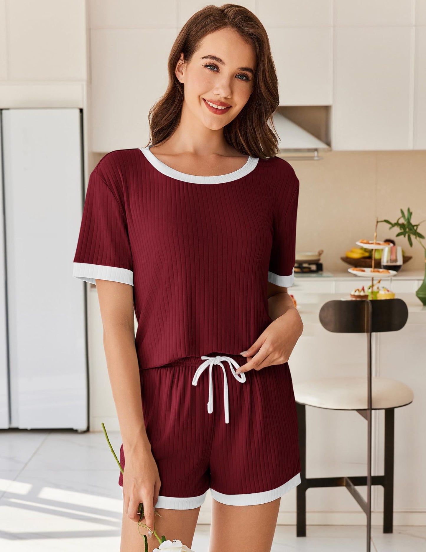 Ribbed Colorblock Lounge Shorts Set Summer Pajama