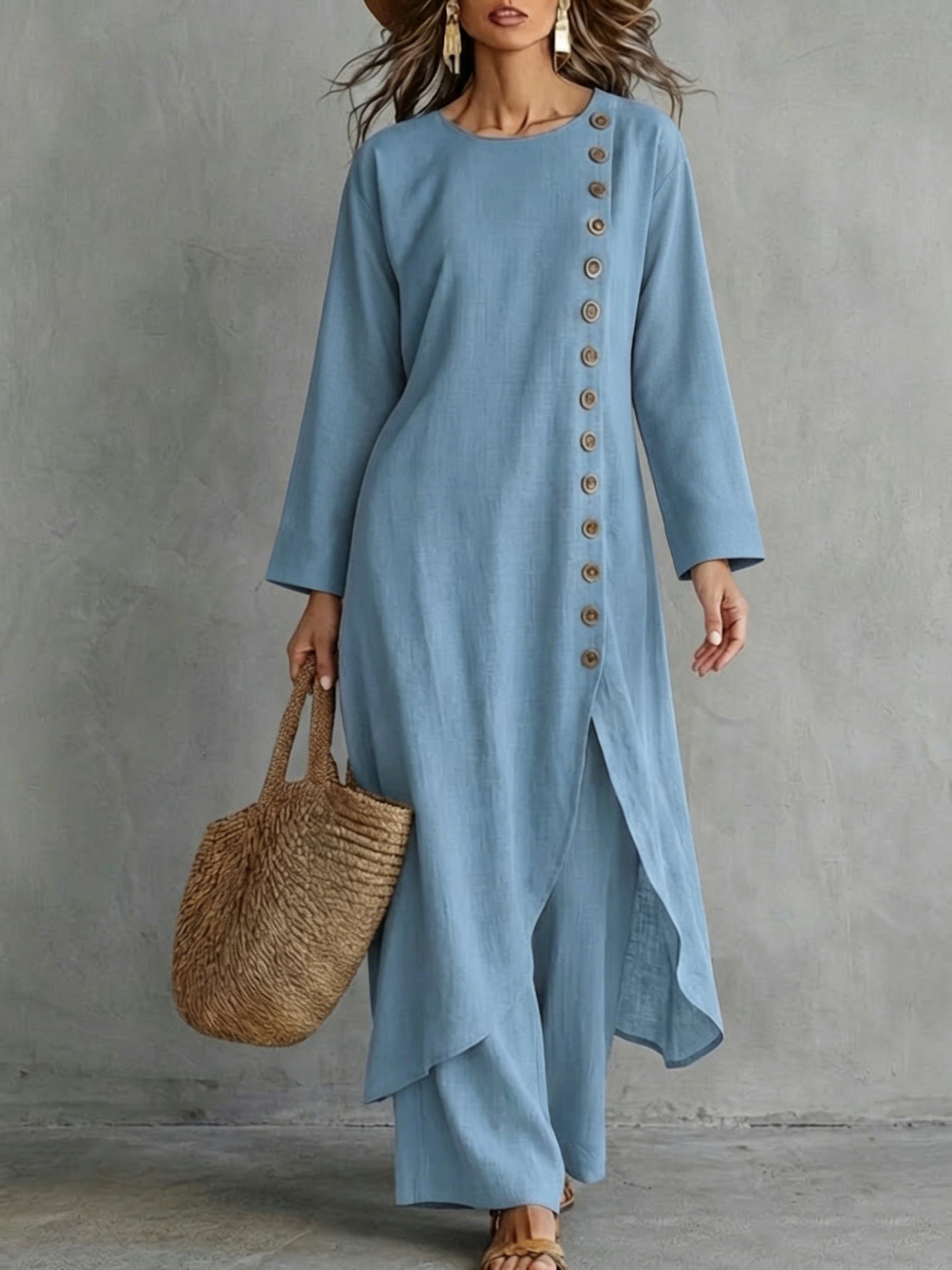 Linen Button Front Tunic Wide Leg Pants Two Piece Set