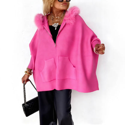 Women's Oversized Faux Fur Collar Zip Up Knit Hooded Jacket