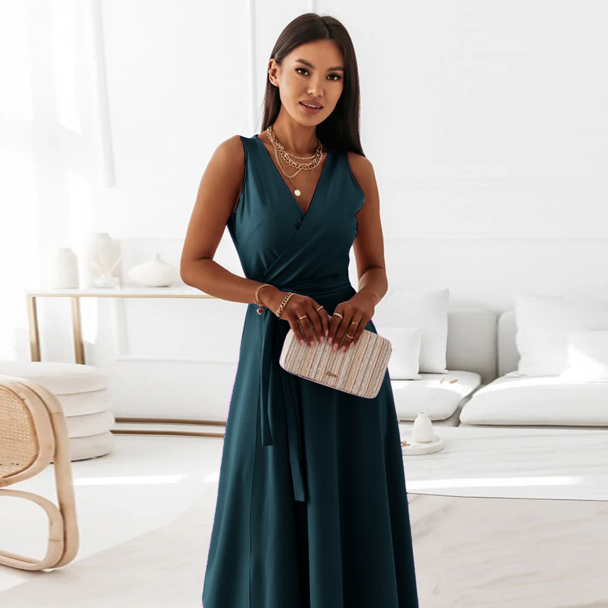 Women's Sleeveless V-Neck Belted A-Line Maxi Dress