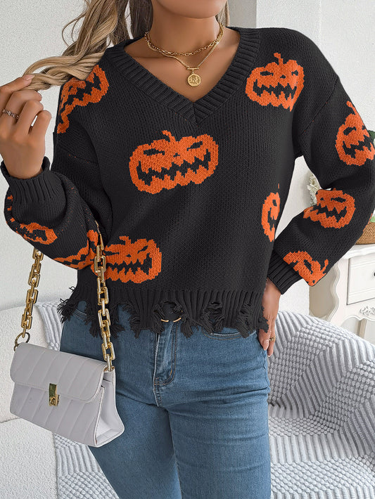 Halloween Pumpkin Knit Sweater with Frayed Hem