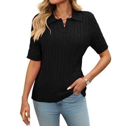 V-neck Twisted Knit Jumper, Short-Sleeve Lapel Sweater