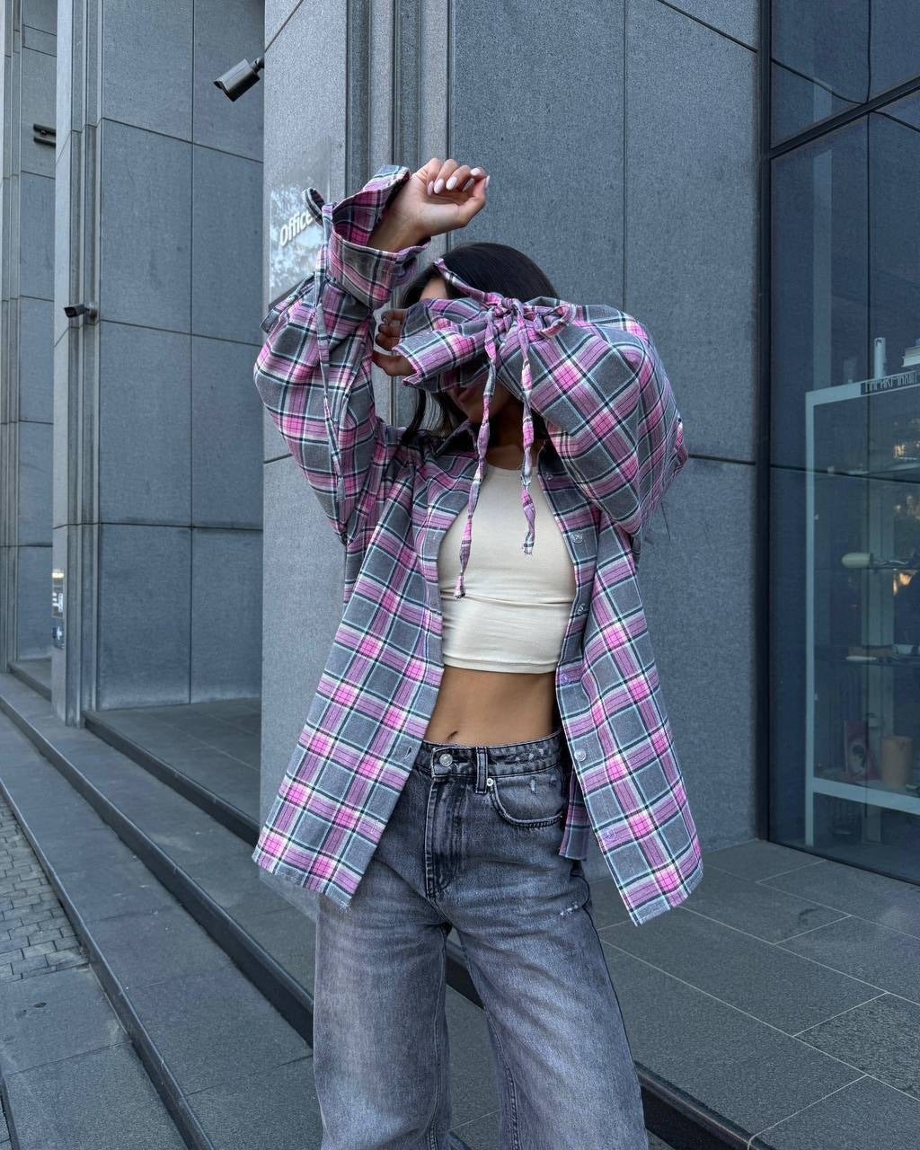 Oversized Plaid Tie Waist Long Sleeve Shirt Women