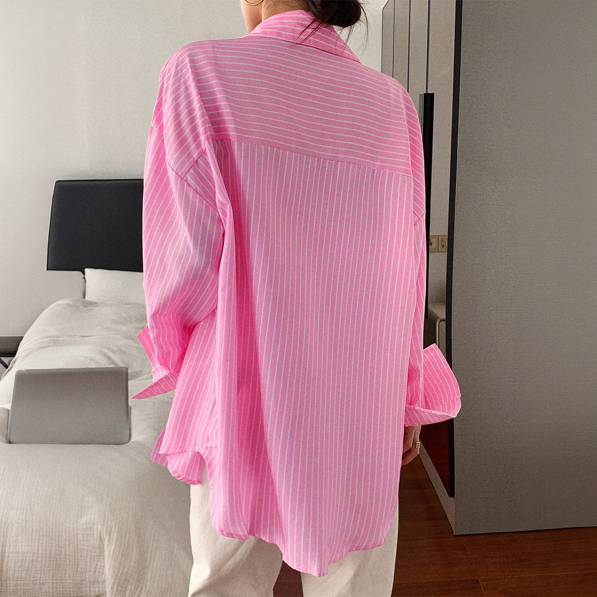 Pink Striped Oversized Button Down Shirt Women Casual Top