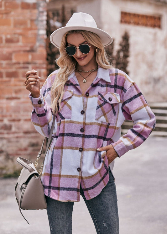 Women's Plaid Flannel Shirt Jacket with Pockets - Casual Oversized