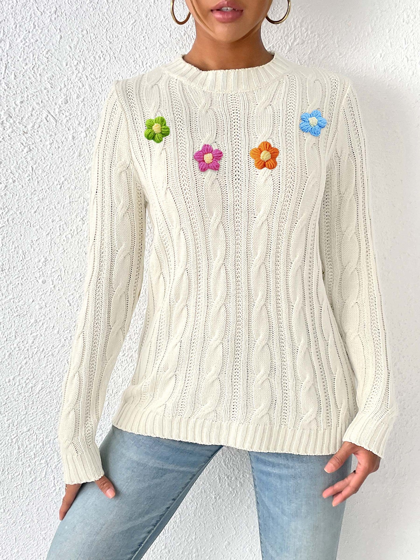 Crochet Flower Cable Knit Sweater | Cozy Fall/Winter Top