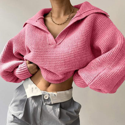 Womens Collared V Neck Ribbed Knit Sweater