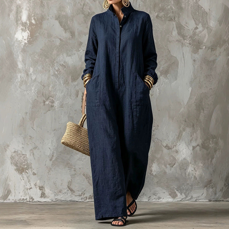 Women's Loose Button Front Wide Leg Long Sleeve Jumpsuit