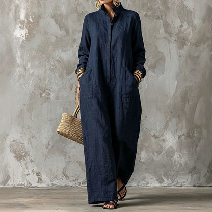 Women's Loose Button Front Wide Leg Long Sleeve Jumpsuit