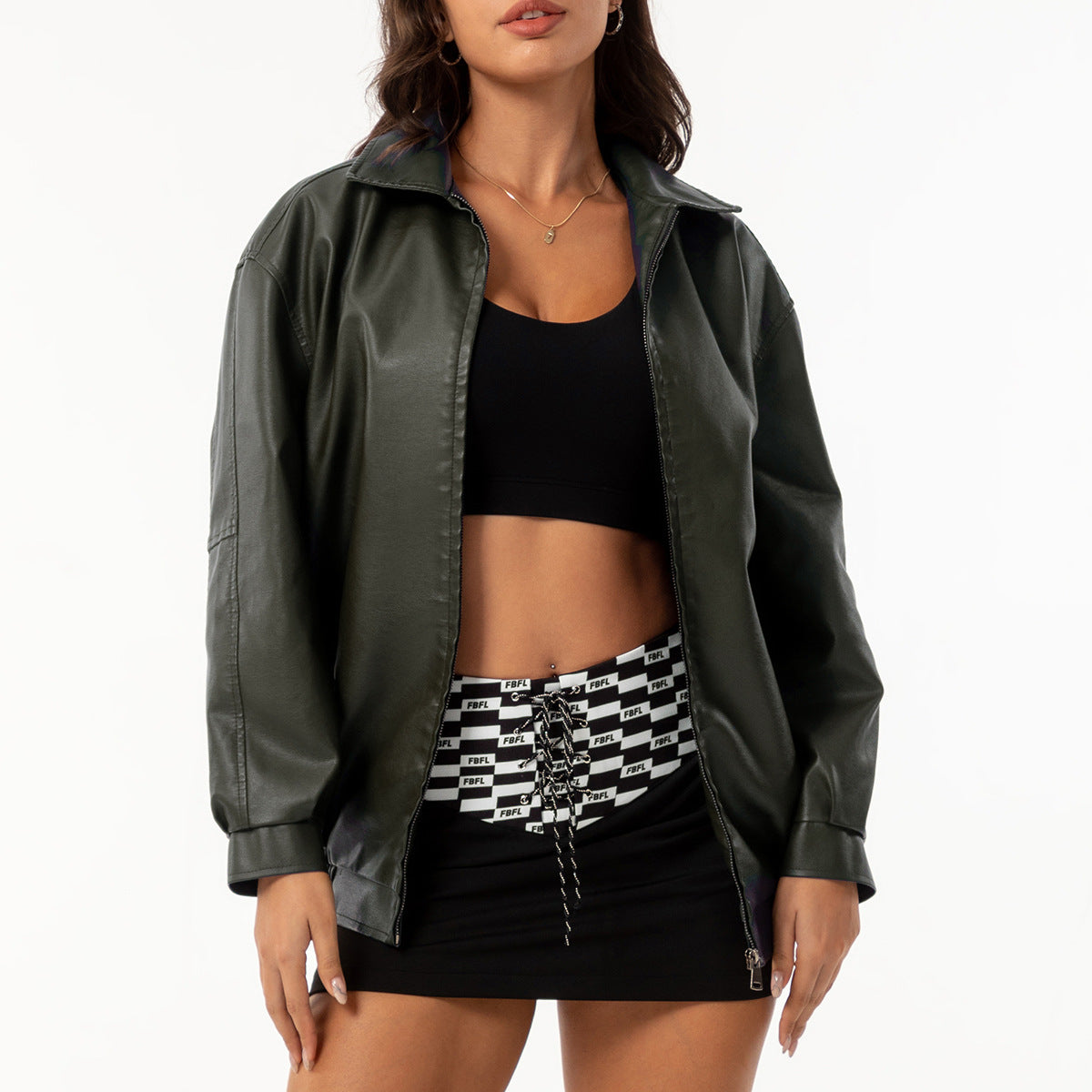 Womens Oversized Faux Leather Jacket Zip Up Casual