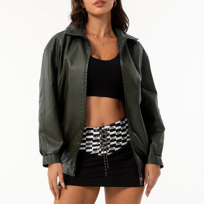 Womens Oversized Faux Leather Jacket Zip Up Casual