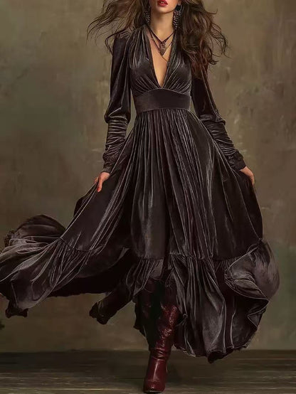 Women's Velvet Tiered Maxi Dress V Neck Long Sleeve