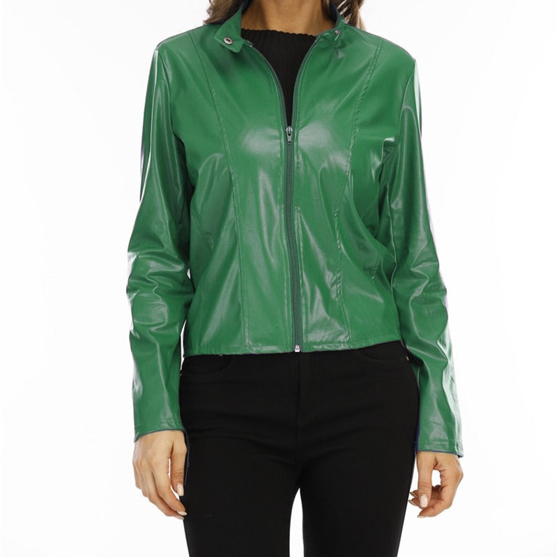 Women's Faux Leather Zip Up Blazer Jacket S-5XL