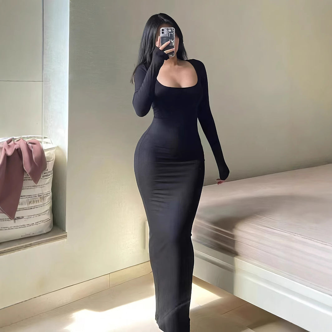 Sexy Square Neck Long Sleeve Knit Bodycon Maxi Dress