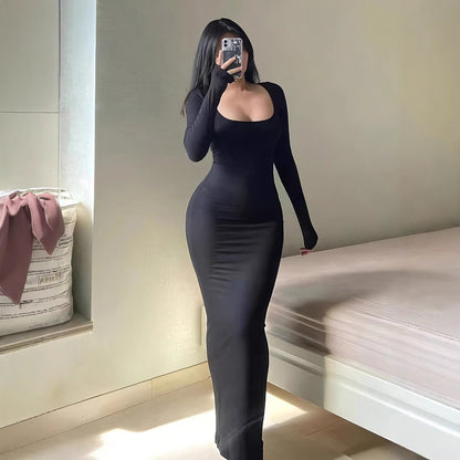 Sexy Square Neck Long Sleeve Knit Bodycon Maxi Dress