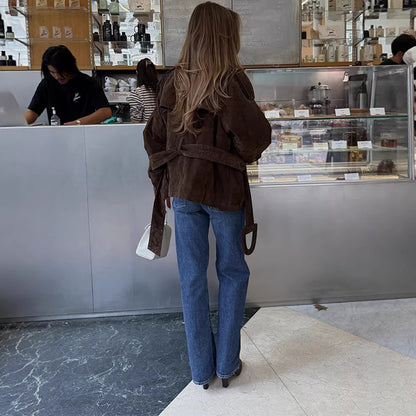 Women's Vintage Brown Belted Suede Jacket