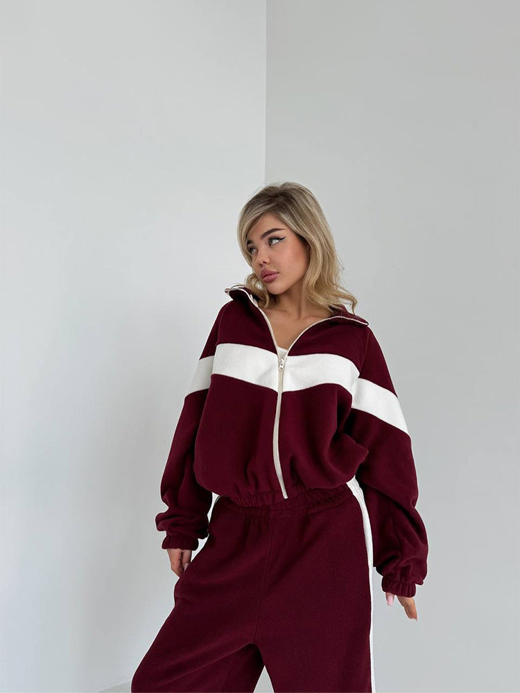 Womens Color Block Zip Up Tracksuit 2 Piece Set