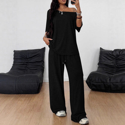 Women Off Shoulder Wide Leg Pants Casual Two Piece Set