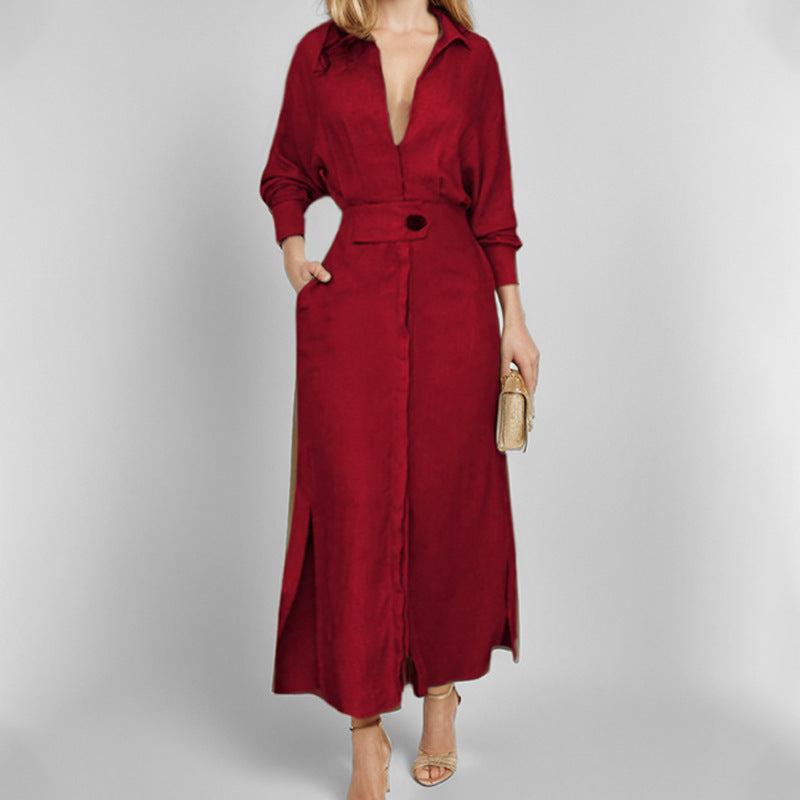 Women's Belted Maxi Shirt Dress Long Sleeve