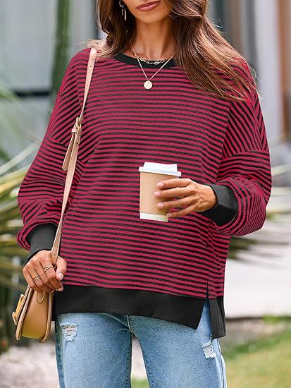 Oversized Waffle Knit Striped Crewneck Side Slit Pullover