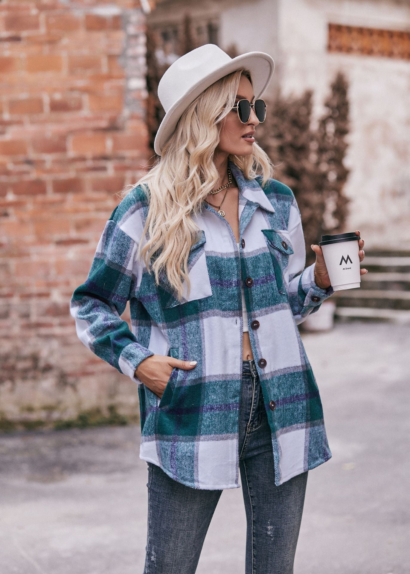 Plaid Flannel Shacket Button Front Pocket Oversized Jacket