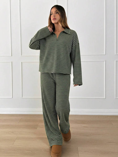 Striped Lounge Set Women Collared Pullover Wide Leg Pants