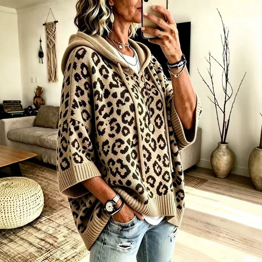 Oversized Leopard Print Hooded Knit Sweater Pullover