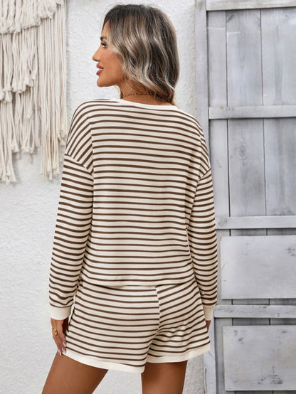 Striped waffle knit top and shorts two piece set
