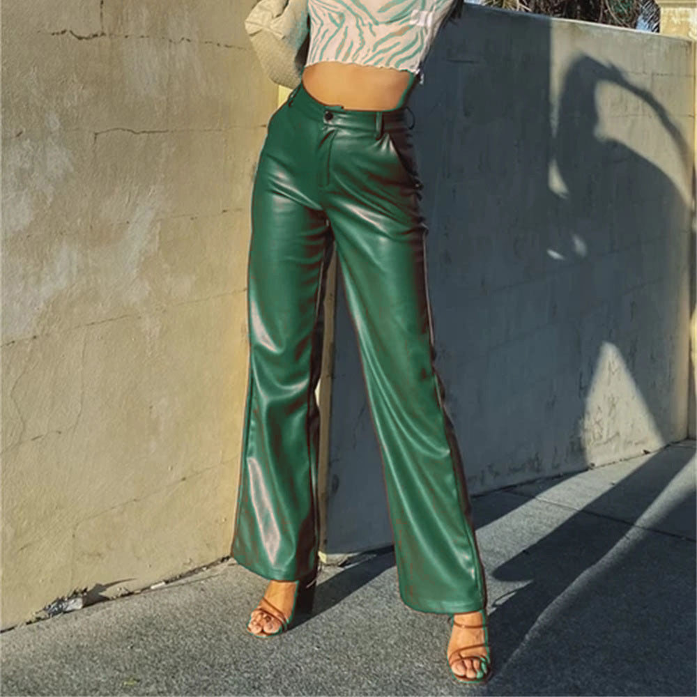 Women's High Waist Faux Leather Flare Pants