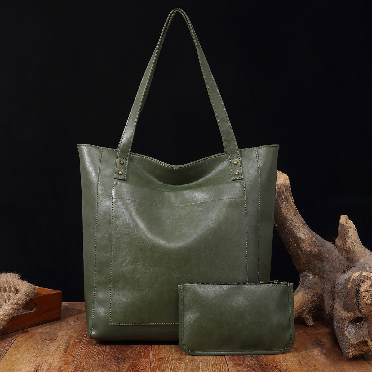Vintage Soft Leather Tote Bag Set with Zip Pouch, Large Capacity