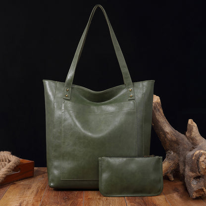 Vintage Soft Leather Tote Bag Set with Zip Pouch, Large Capacity