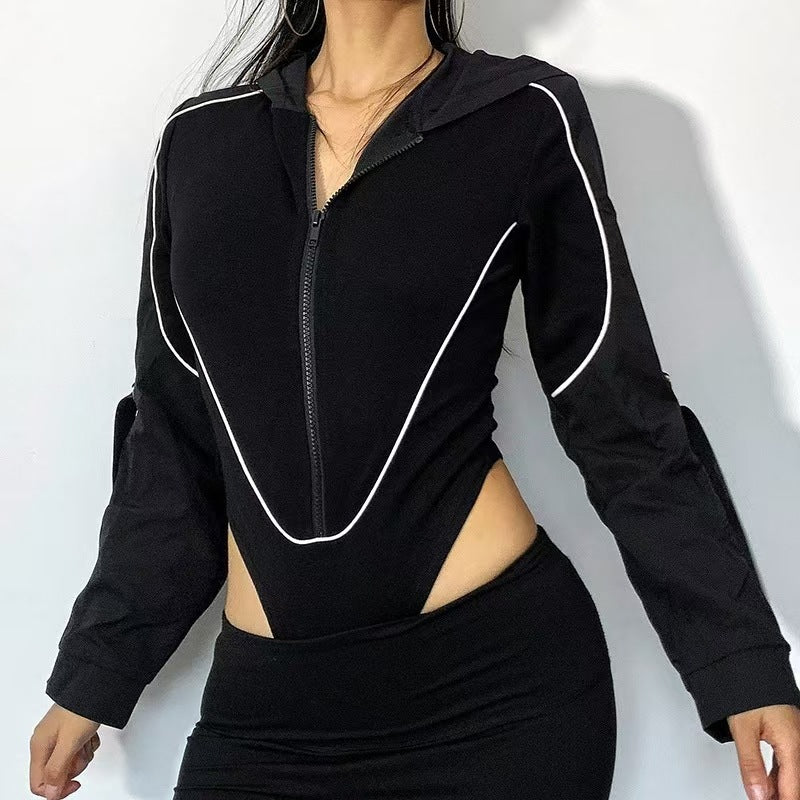 Women Hooded Cut Out Bodysuit Long Sleeve Streetwear