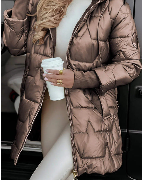 Women's Hooded Quilted Puffer Coat with Faux Fur Trim