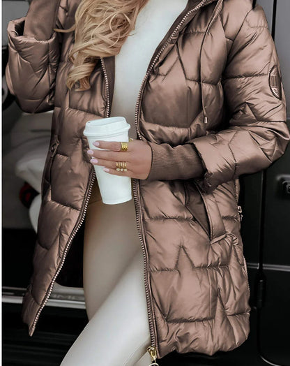 Women's Hooded Quilted Puffer Coat with Faux Fur Trim
