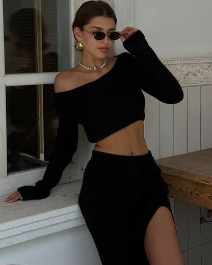 Cable Knit Two Piece Crop Top Slit Maxi Skirt