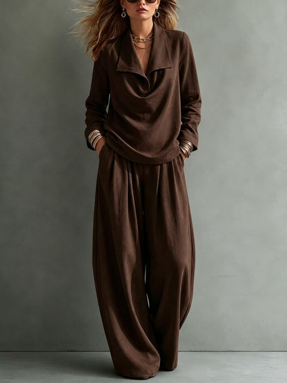 Women's Collared Sweatshirt Wide Leg Pants Lounge Set