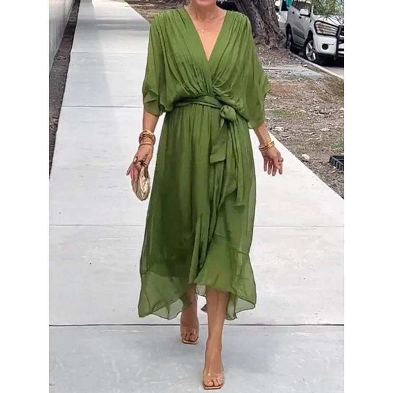 Women's V-Neck Batwing Chiffon Midi Dress Tie Waist Flowy