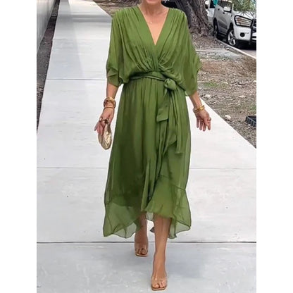 Women's V-Neck Batwing Chiffon Midi Dress Tie Waist Flowy