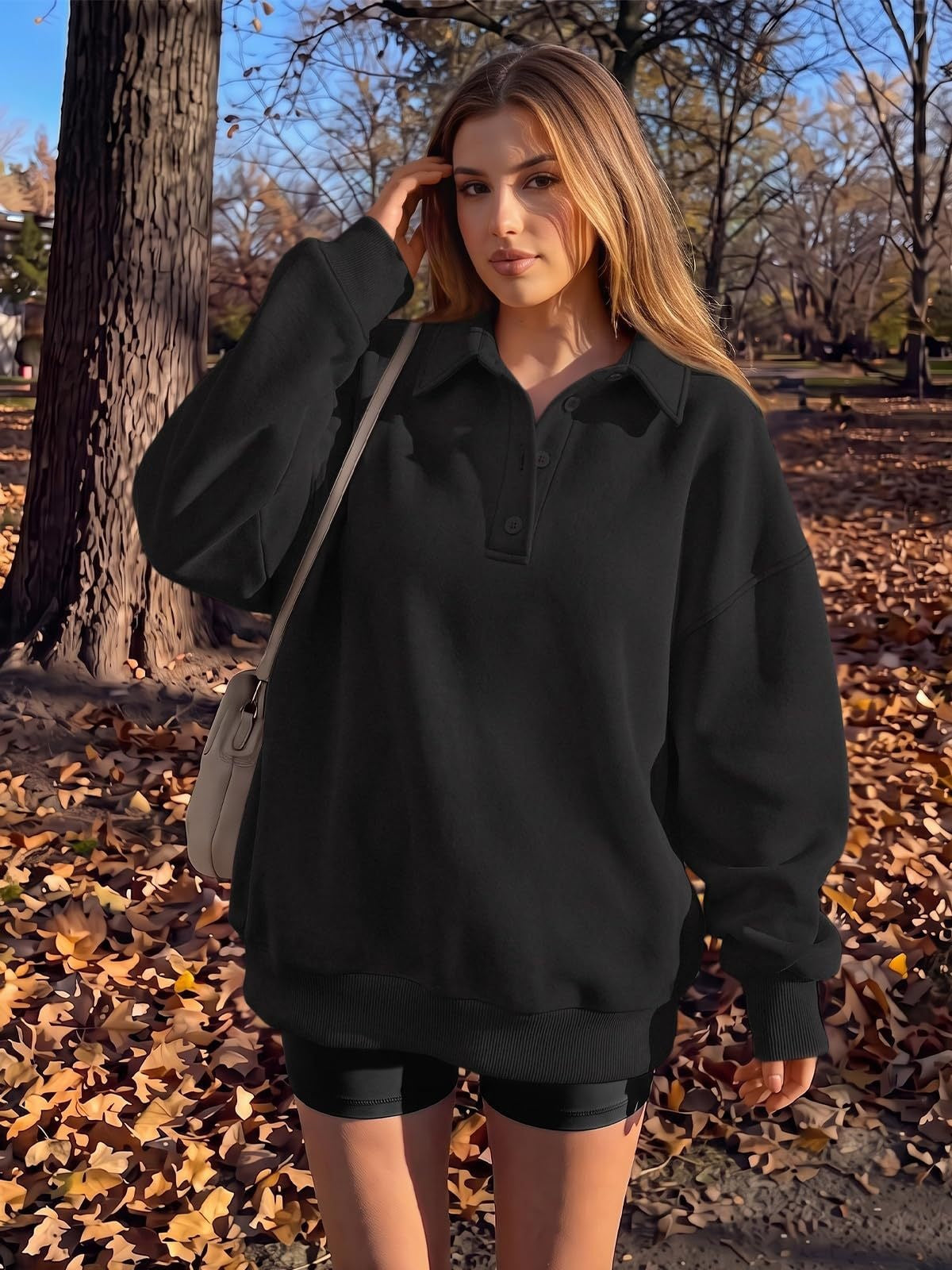 Polo Collar Fleece Pullover Relaxed Fit Sweatshirt